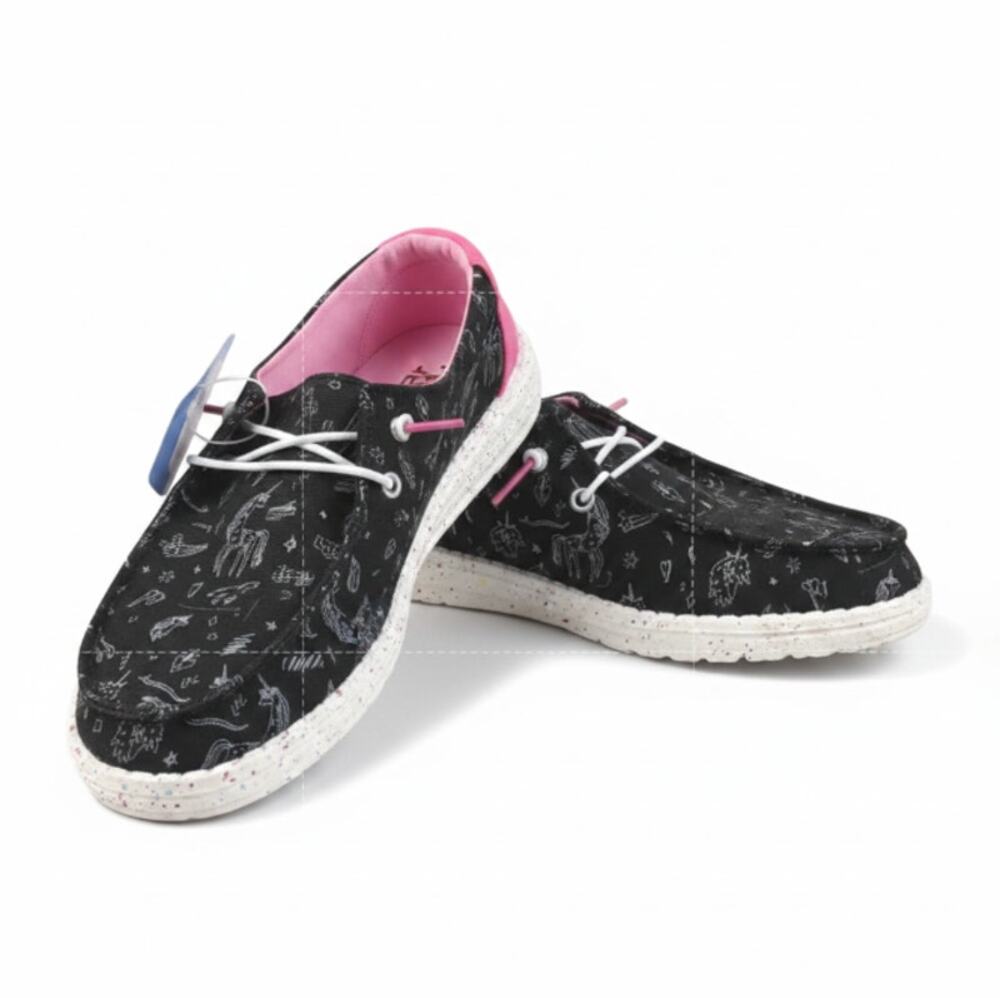 HEY DUDE Wendy Youth Girl Unicorn Black Shoes Y4 Kidcore Vacation Travel NWT